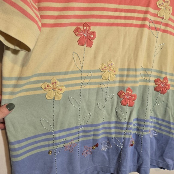 Vtg Alfred Dunner Rainbow Embroidered Beaded T Shirt Cotton Floral Large Stripe - Picture 3 of 5